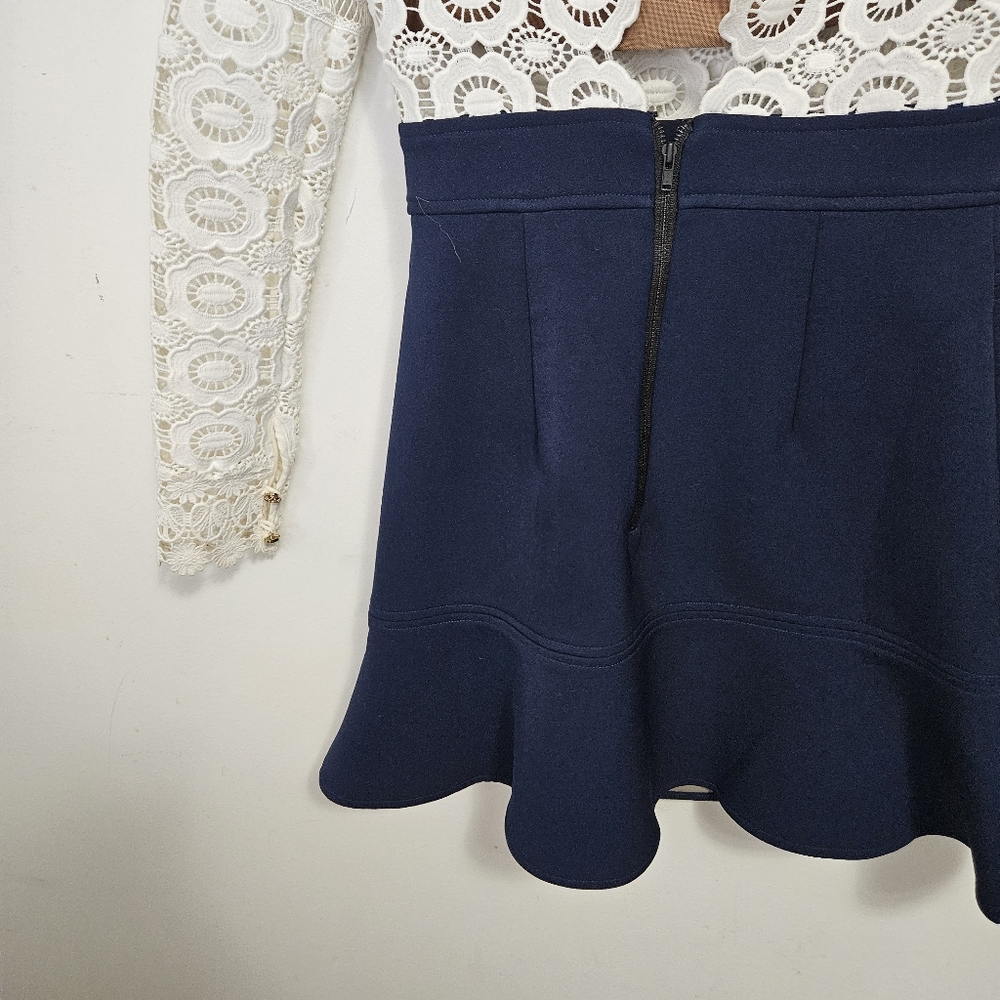 Self-Portrait White Guipure Lace A-Line Mini Dress Sz 2 White Navy Blue - Picture 9 of 13